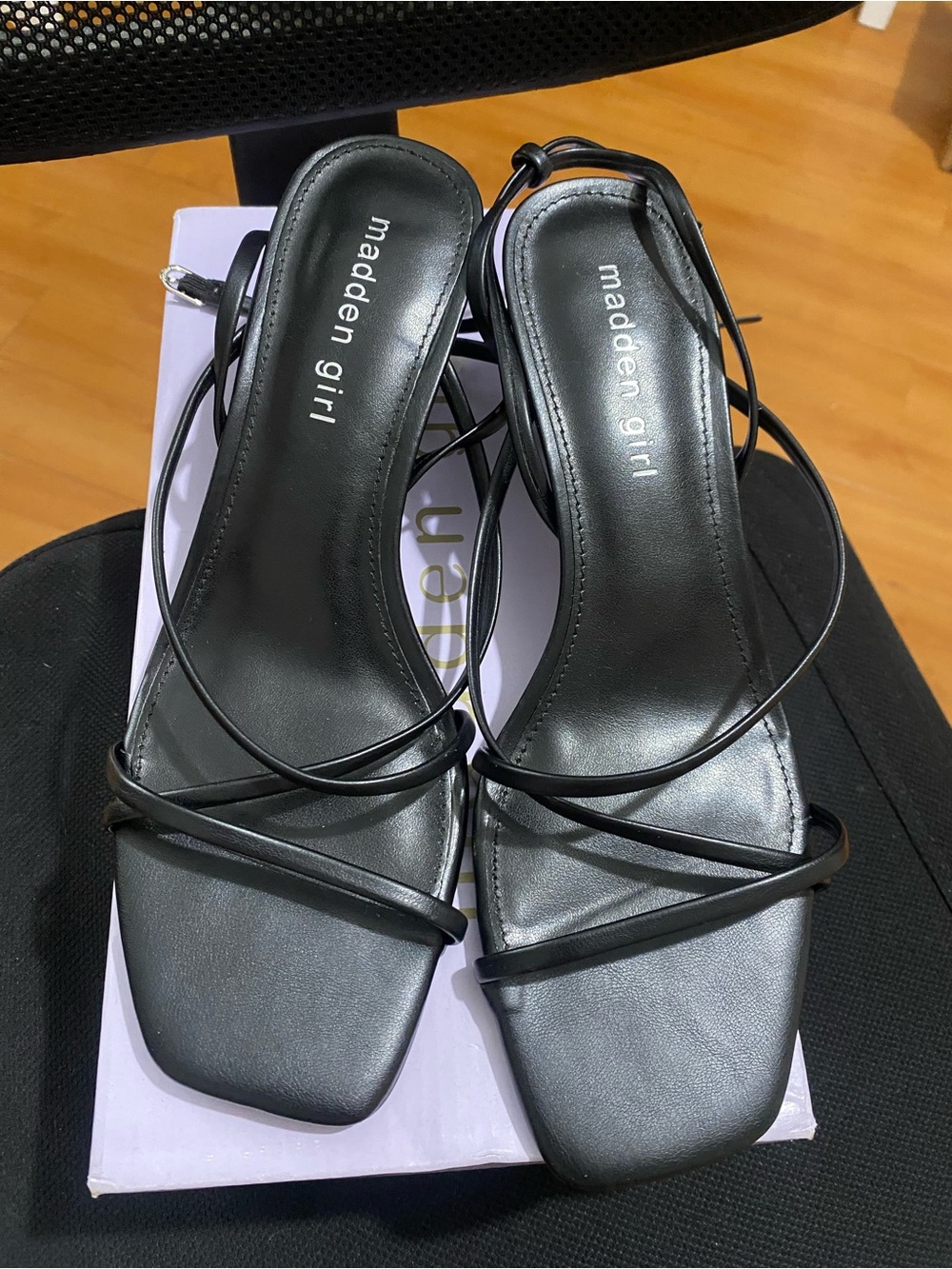 Madden Girl Black Minimalist Strappy Square-Toe Heels